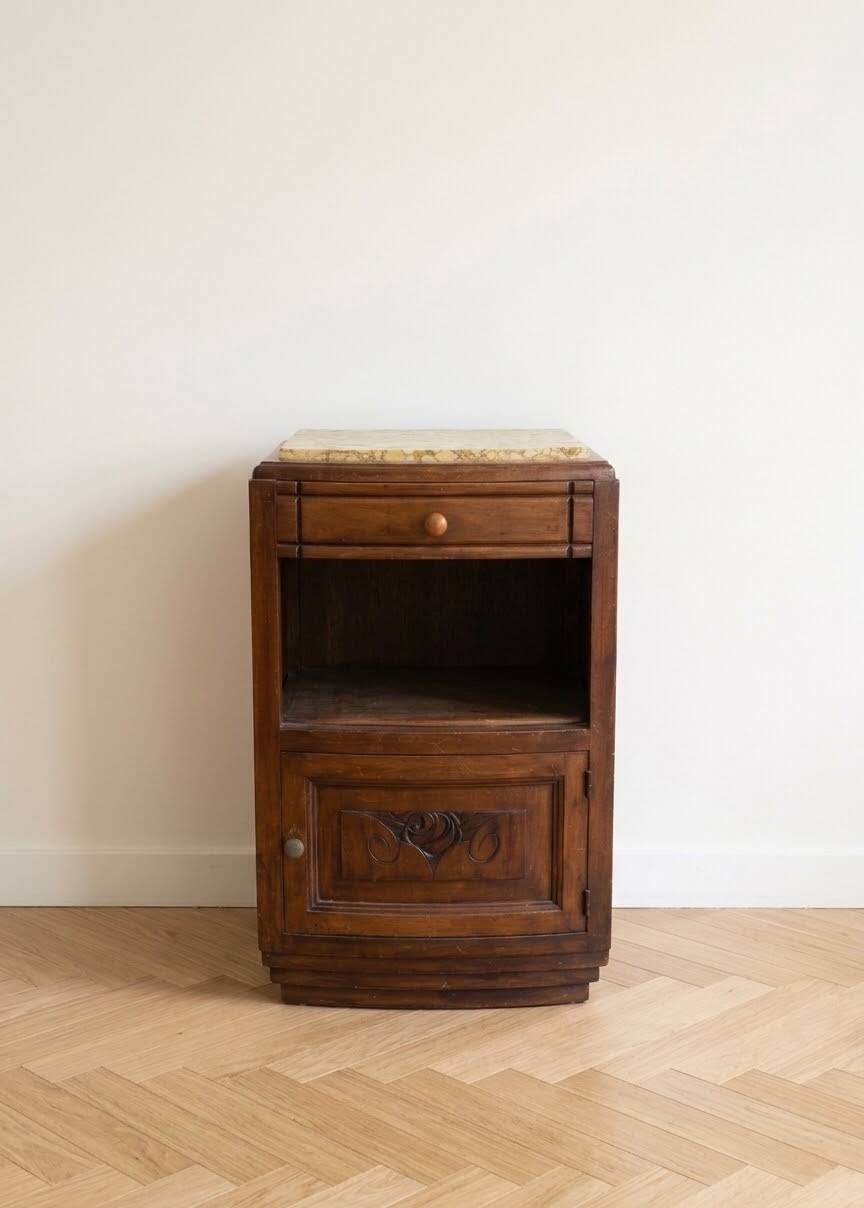 Antique Art Deco bedside table in wood and marble