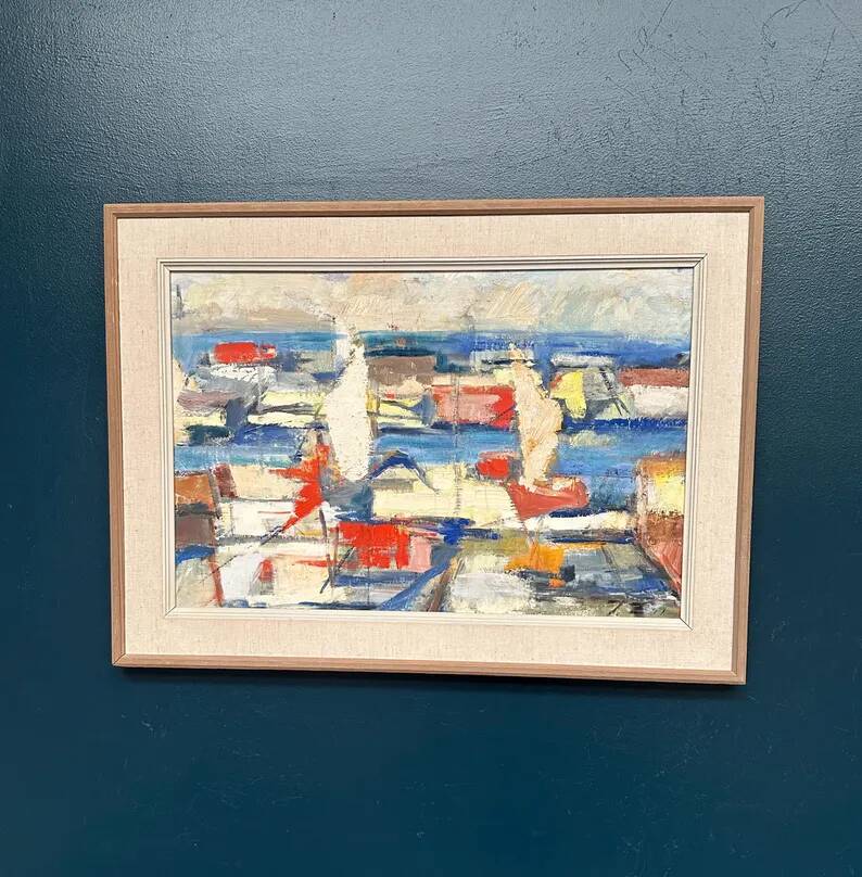 Original Swedish Oil on Canvas - "Abstract Harbour Motif" vintage