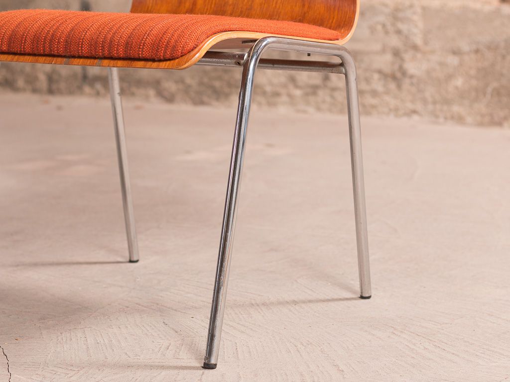 Set of 4 vintage chairs with a chrome steel base, teak backrest and seat
