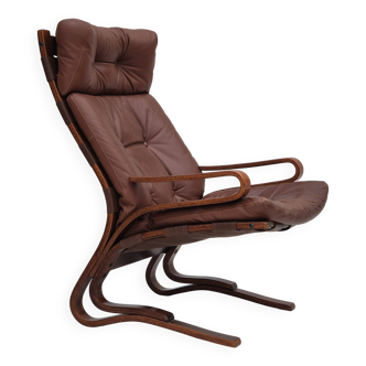 Années 1970, design scandinave, chaise longue, état d'origine, cuir, bois courbé.