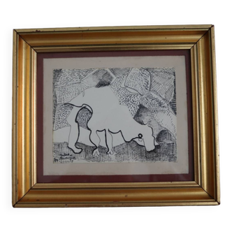 Painting drawing "the bull" Jules Mougin, the poet postman Abstract art brut