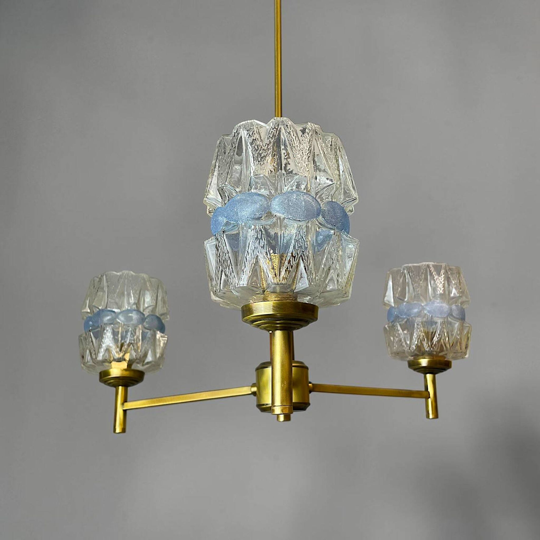 Mid Century Modern 3-light wood and glass chandelier
