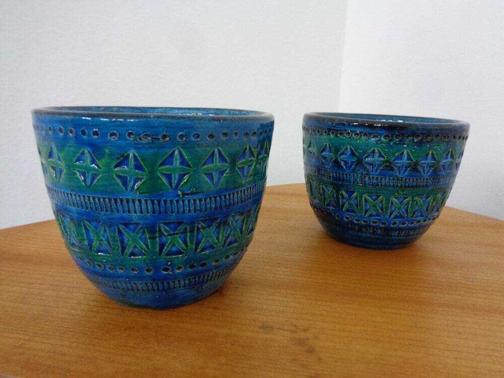 Italian Rimini Blue Ceramic Cachepots by Aldo Londi for Bitossi, 1960s, Set of 2