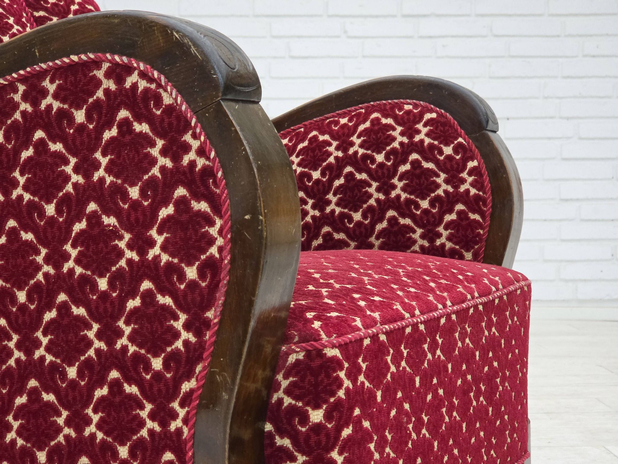 1960s, Danish armchair, cherry-red furniture velour, oak wood.