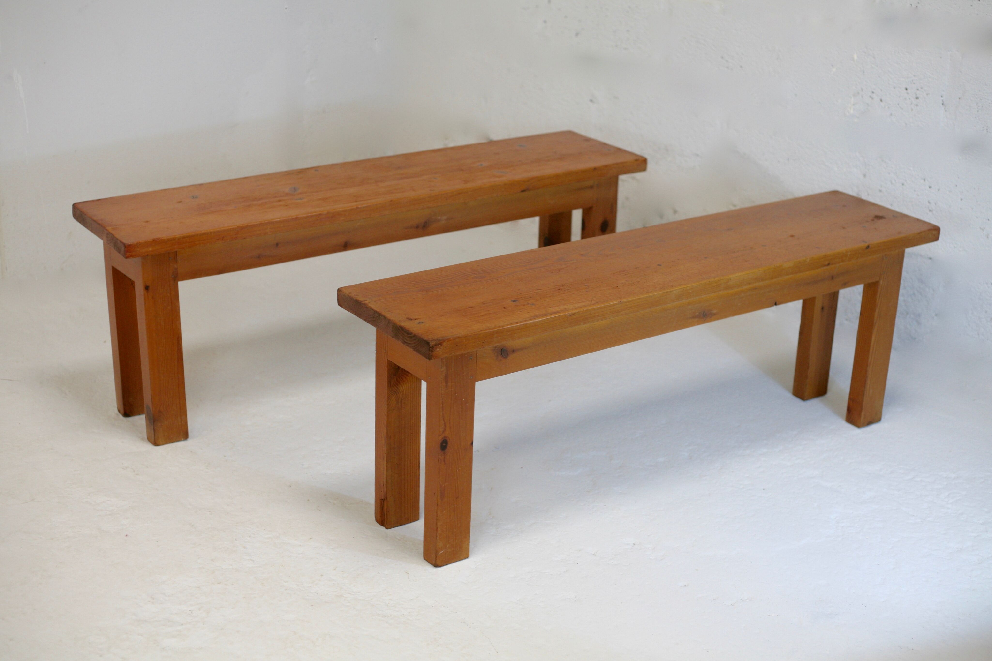 Pair of brutalist benches. Wood. France. Circa 1960.