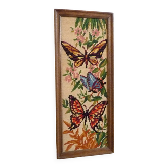 Wooden frame Canvas tapestry butterflies vintage