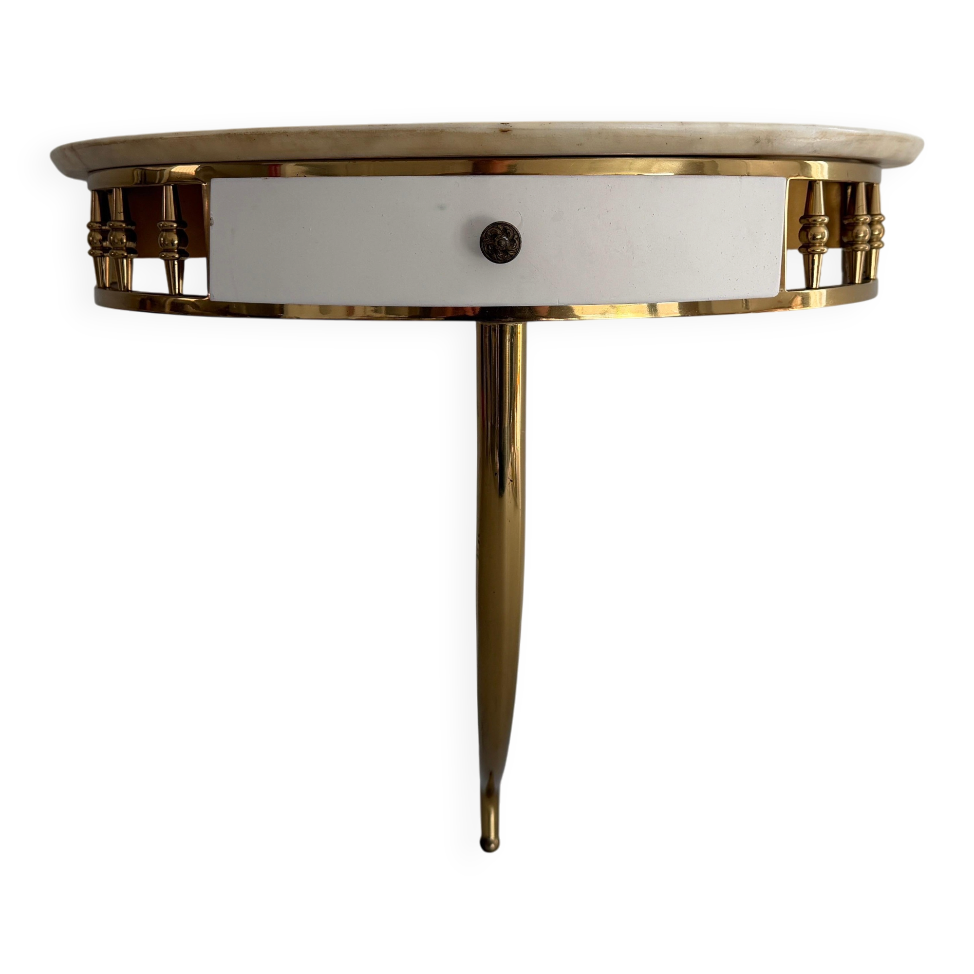 Floating wall console with drawer, brass body and marble top, 1960s, Italy