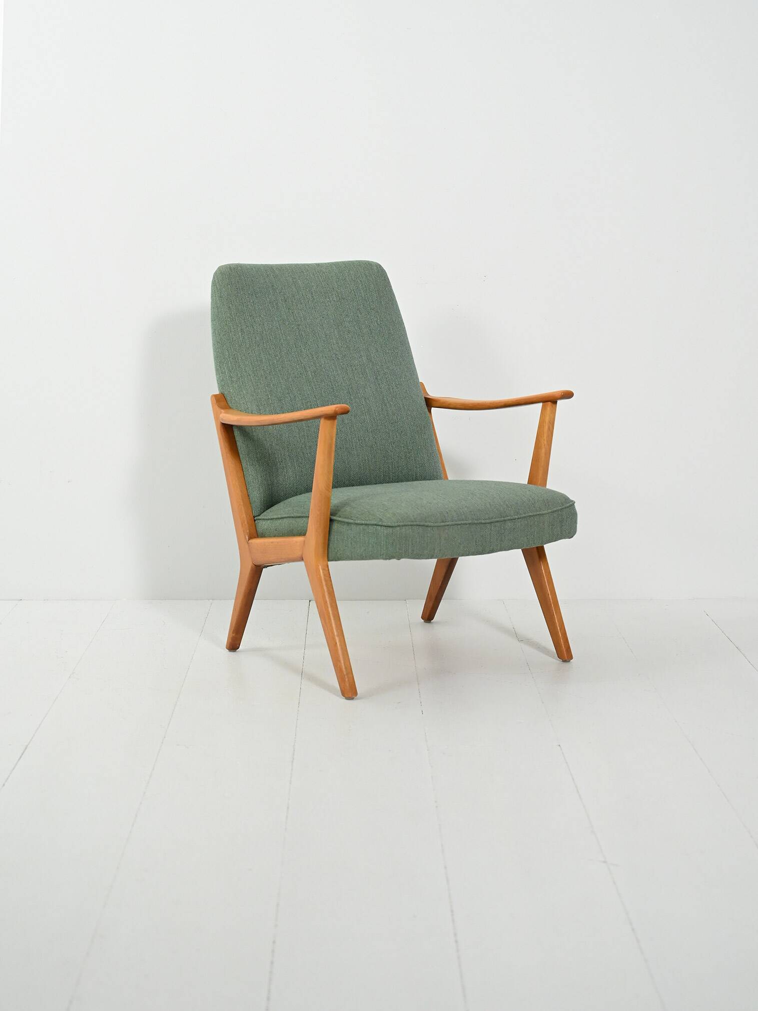 Scandinavian Beech Armchair with green wool upholstery, 1950-60s
