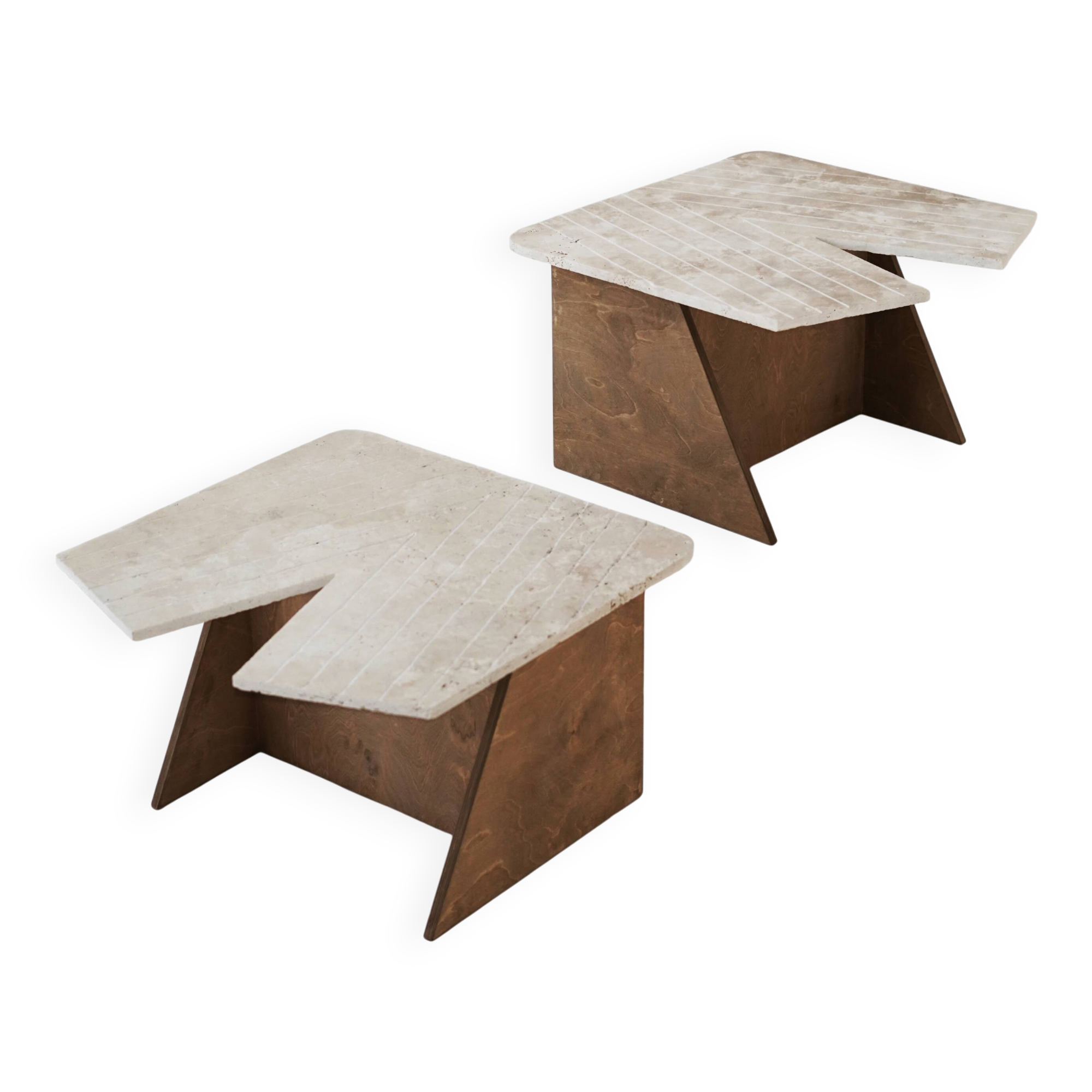 Wood and sculpted travertine table - Italy 1970