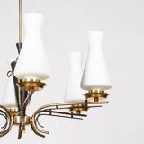 VINTAGE 50'S CHANDELIER IN BRASS AND GLASS ITALIAN DESIGN