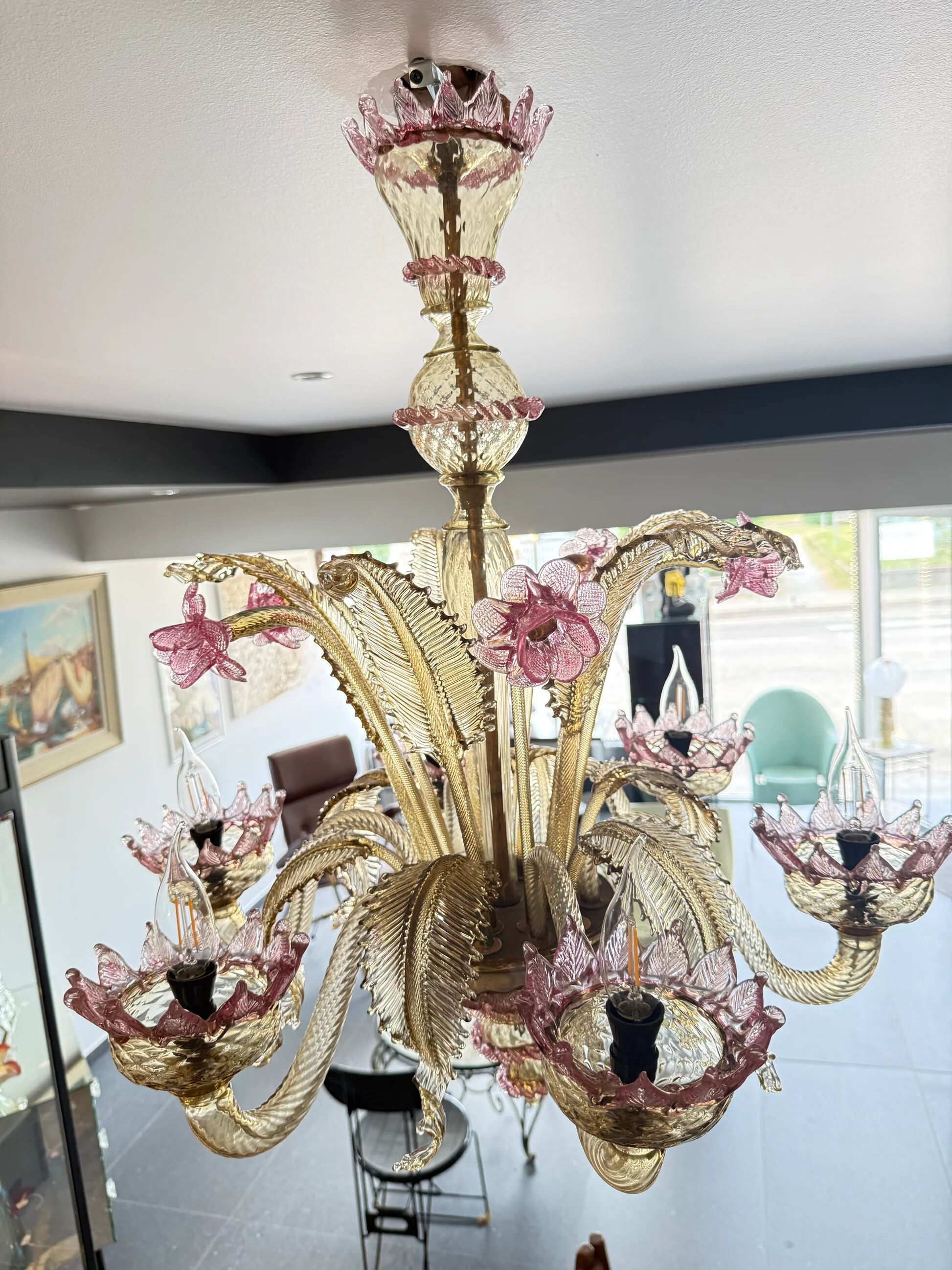 Venetian glass chandelier with pink and gold floral decoration – 6 lights