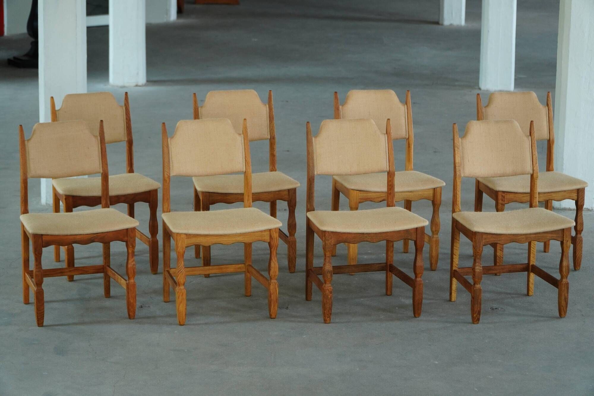 Henning Kjærnulf, set of 8 chairs, Oak and Hessian, Mid Century Modern, 1960s