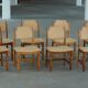 Henning Kjærnulf, set of 8 chairs, Oak and Hessian, Mid Century Modern, 1960s