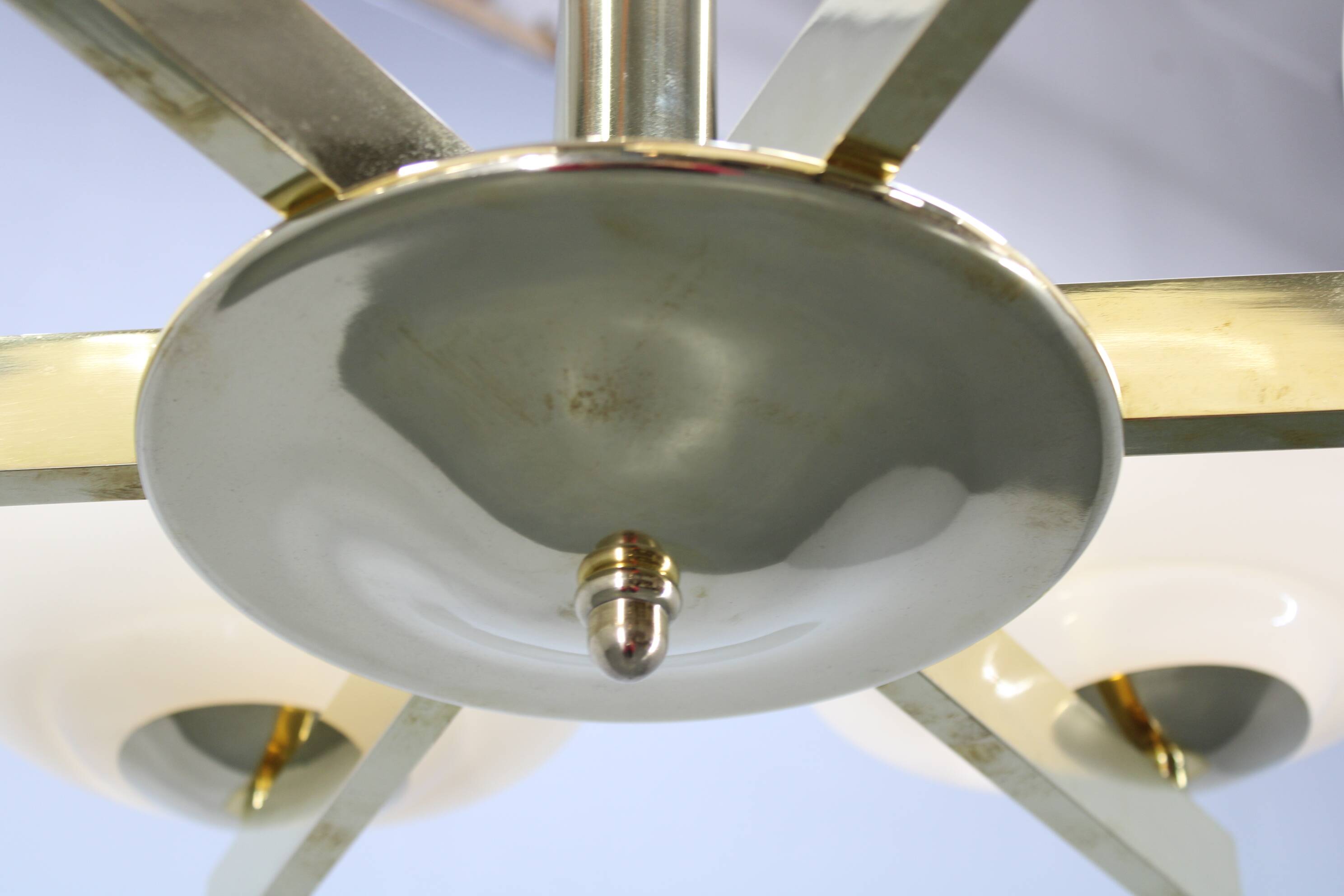 Art Deco brass chandelier with opaline glass, Czechoslovakia, 1930s