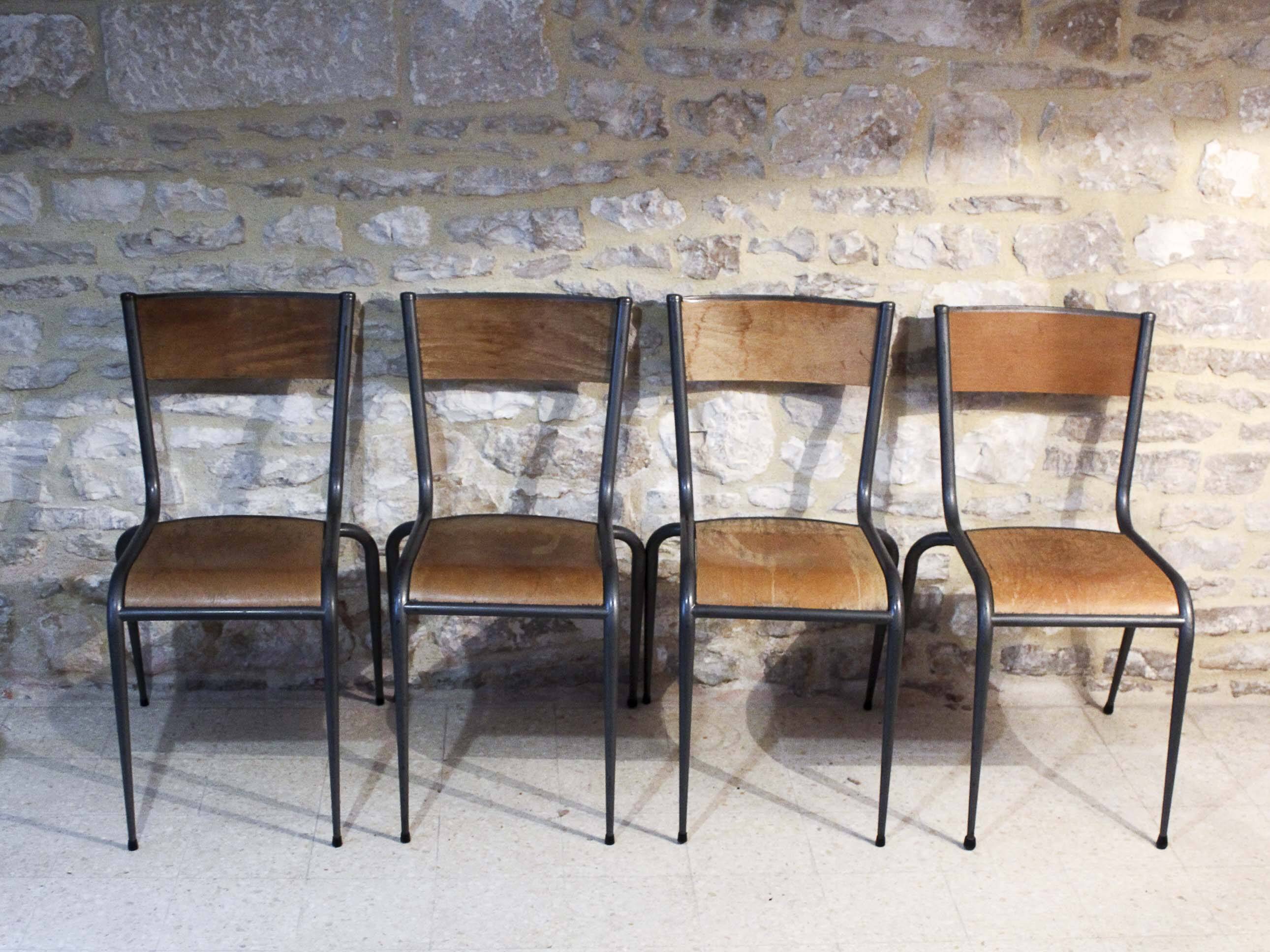 4 chaises d'école pieds fuselés métal et bois