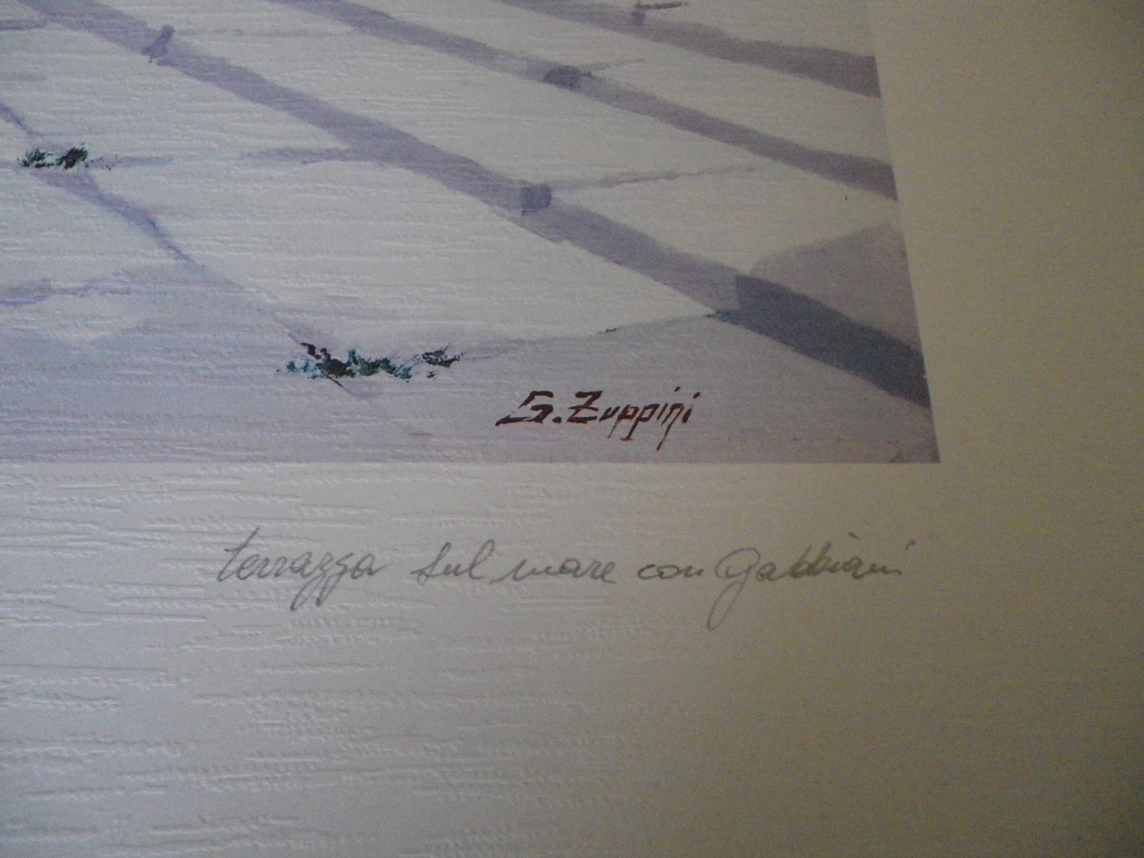 Giorgio Zuppini, Terrace by the Sea with Seagulls, Lithograph, 1970