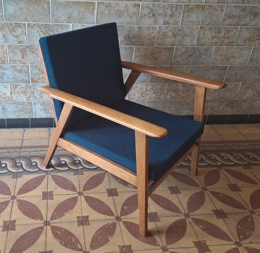 Danish teak lounge chair with sea blue-green fabric, 1960s