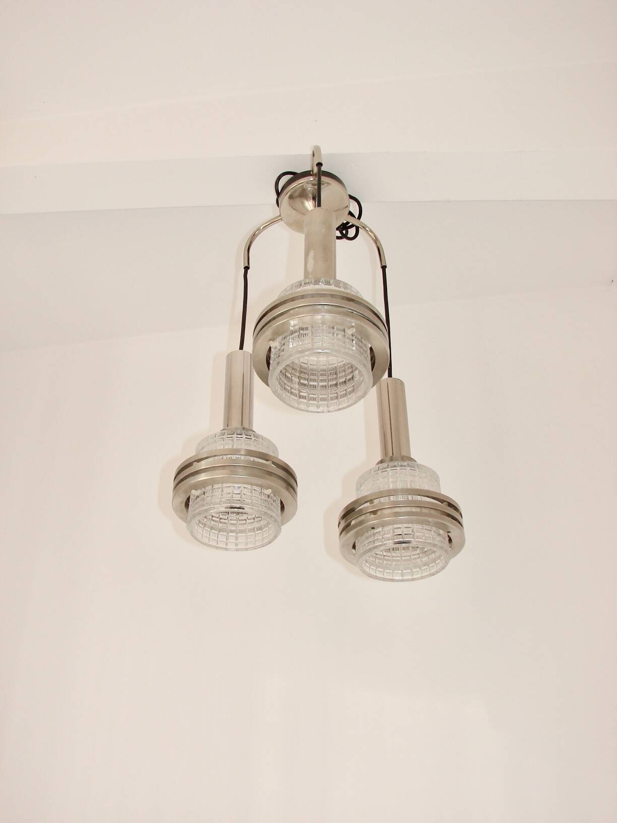 Modern pendant lamp, 1970s, metal and glass, 3xE27