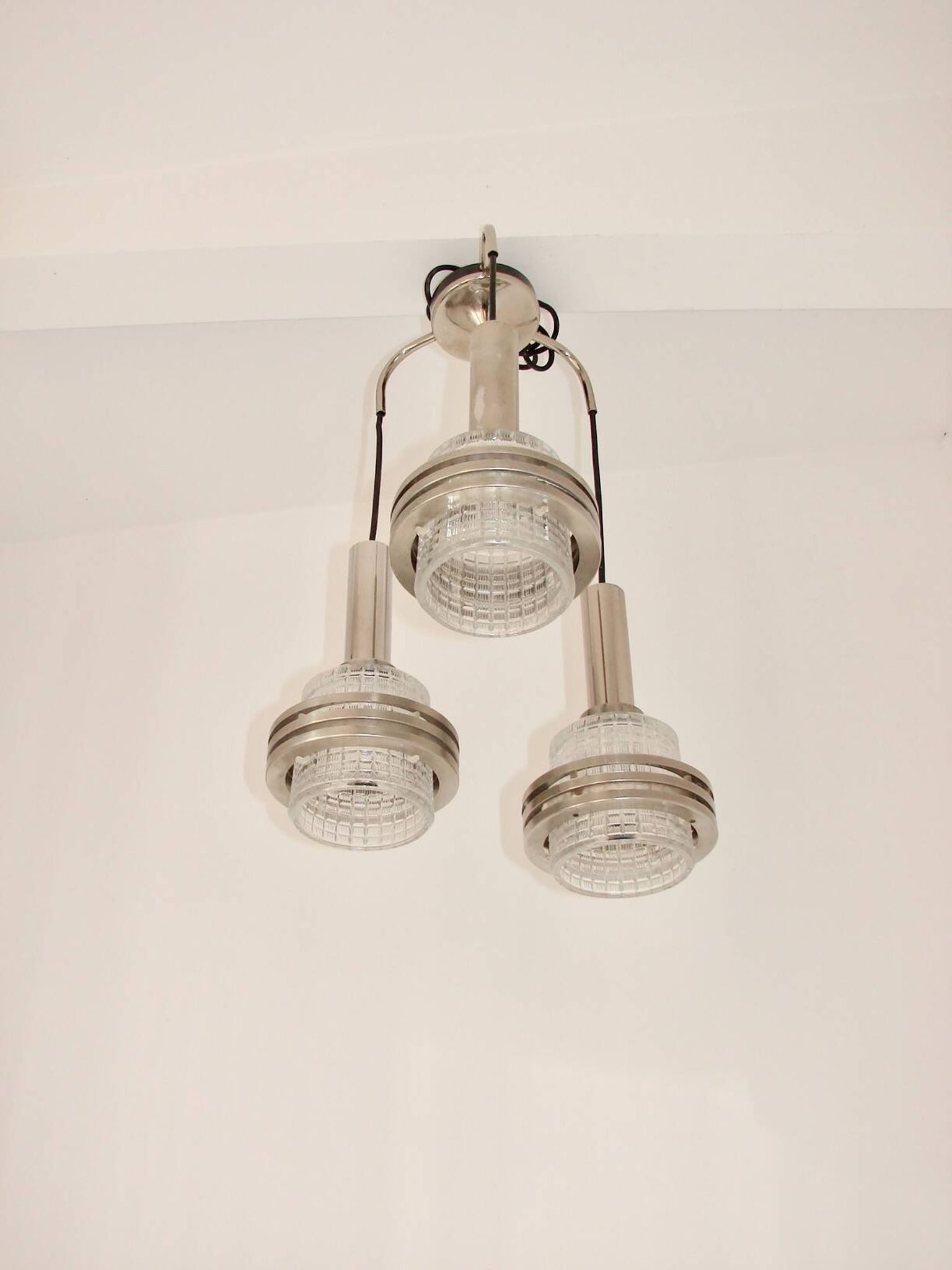 Modern pendant lamp, 1970s, metal and glass, 3xE27