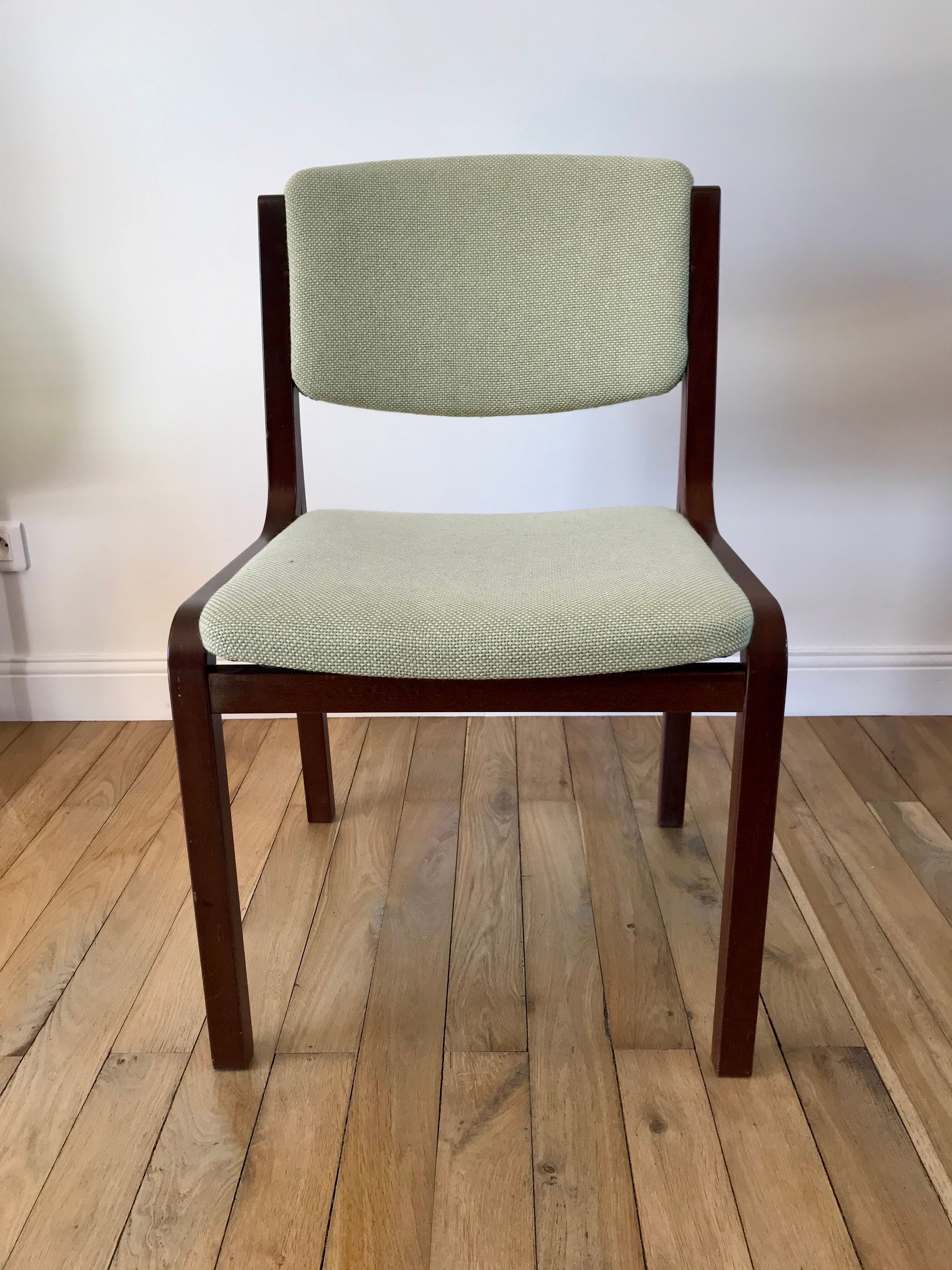 Pair of wooden armchairs and green and ecru fabrics 70s