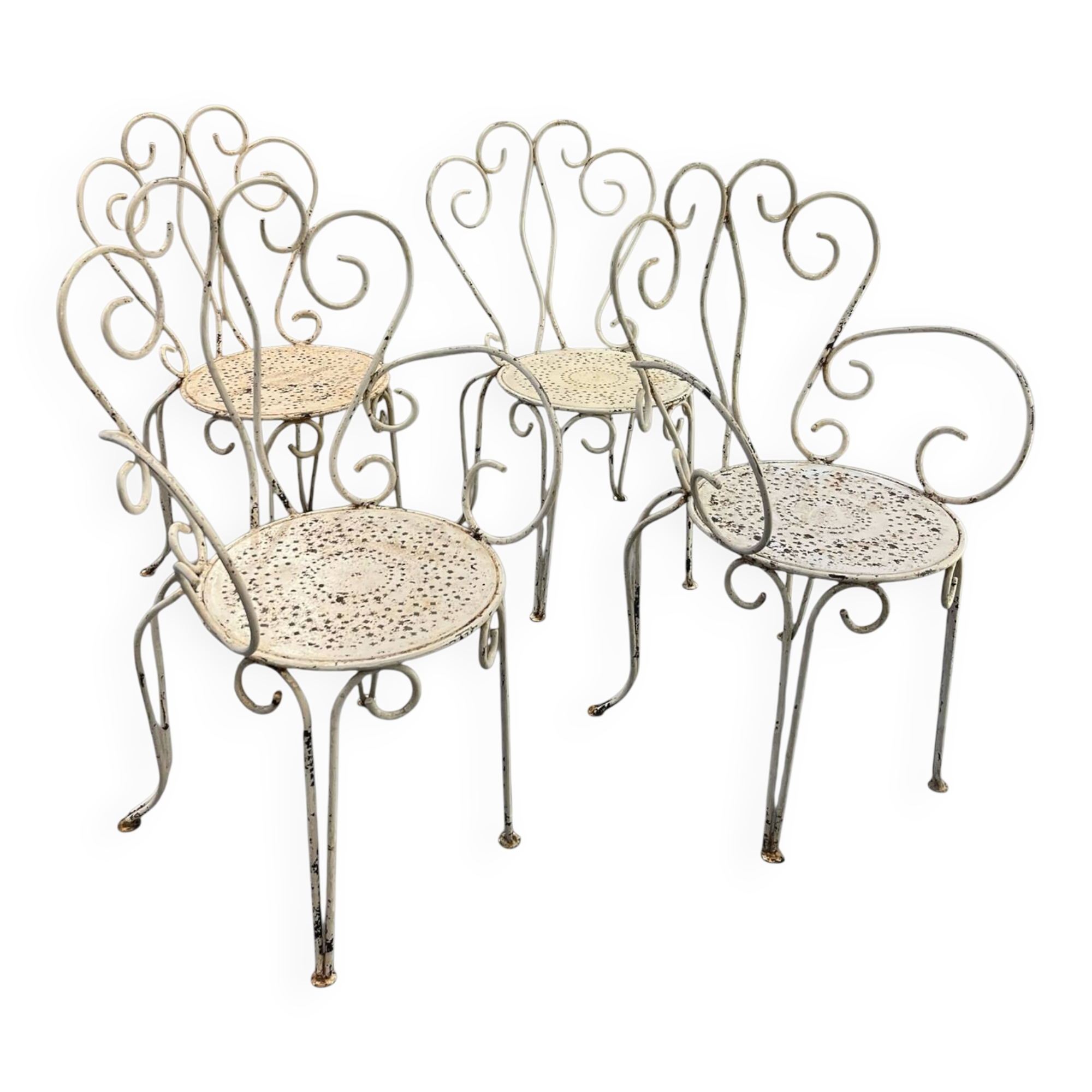 Set of 4 white wrought iron garden chairs, 1950s.