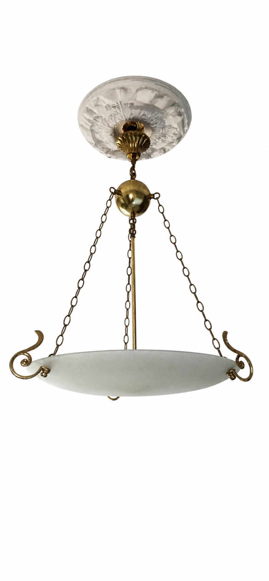 Suspension in brass and satin opal glass, 3 lights, classic style