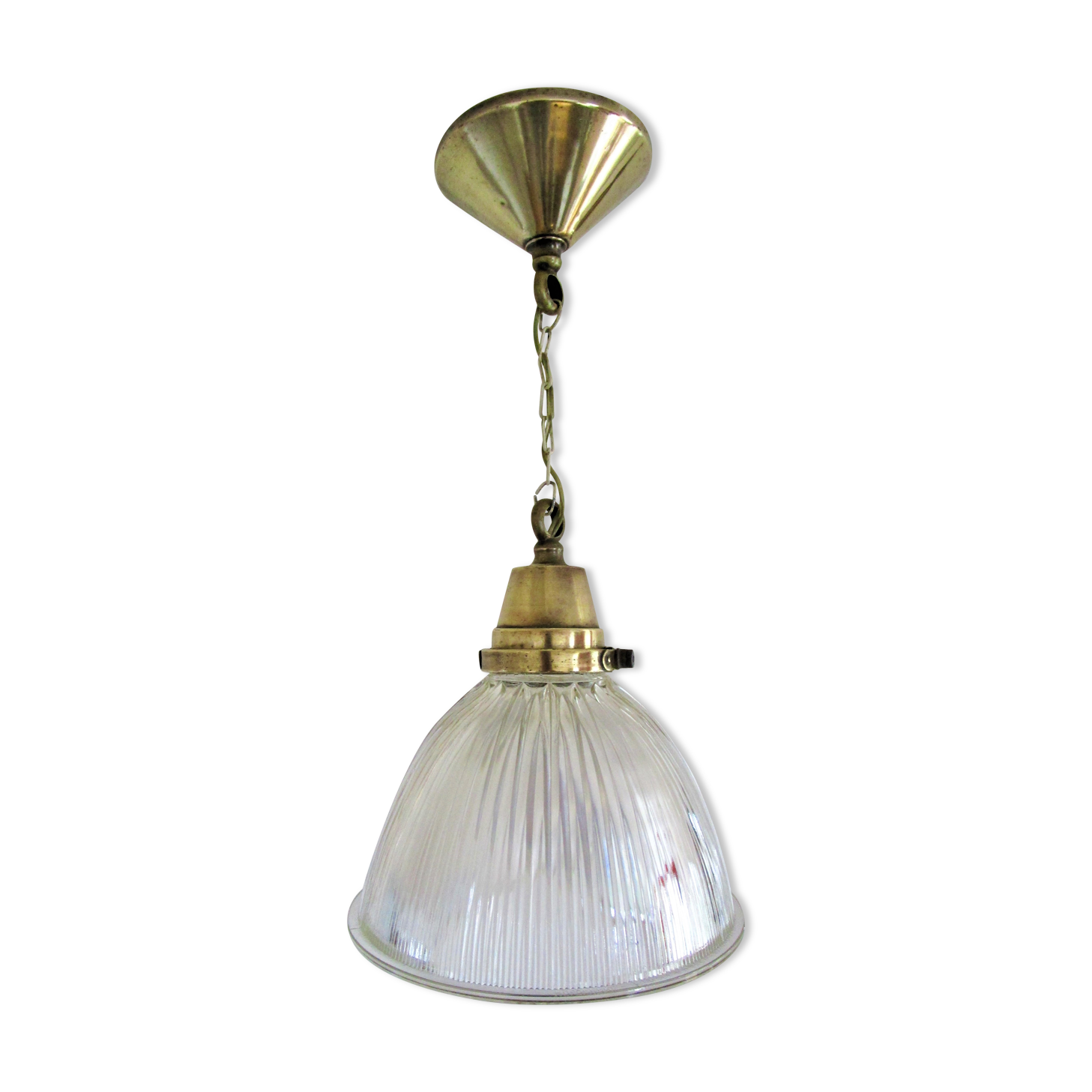 Suspension verre holophane et laiton patiné vintage