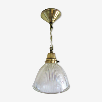 Holophane glass suspension and vintage patinated brass
