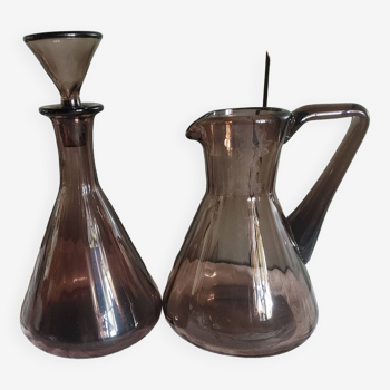 Set pitcher & decanter of plum color, faceted glass - Art Deco era 1920 / 1930
