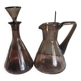 Set pitcher & decanter of plum color, faceted glass - Art Deco era 1920 / 1930