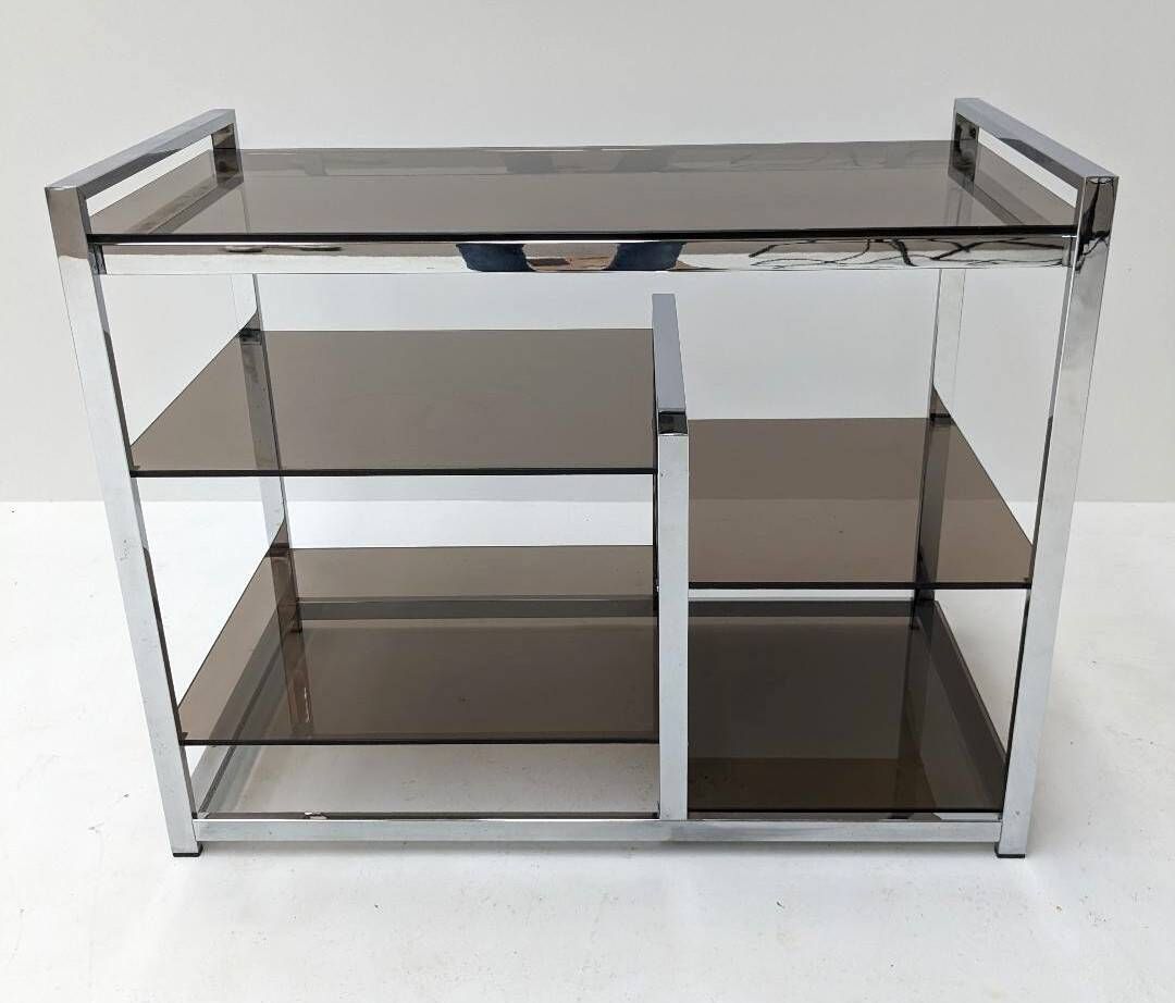Vintage hifi or TV unit in chrome steel and smoked glass
