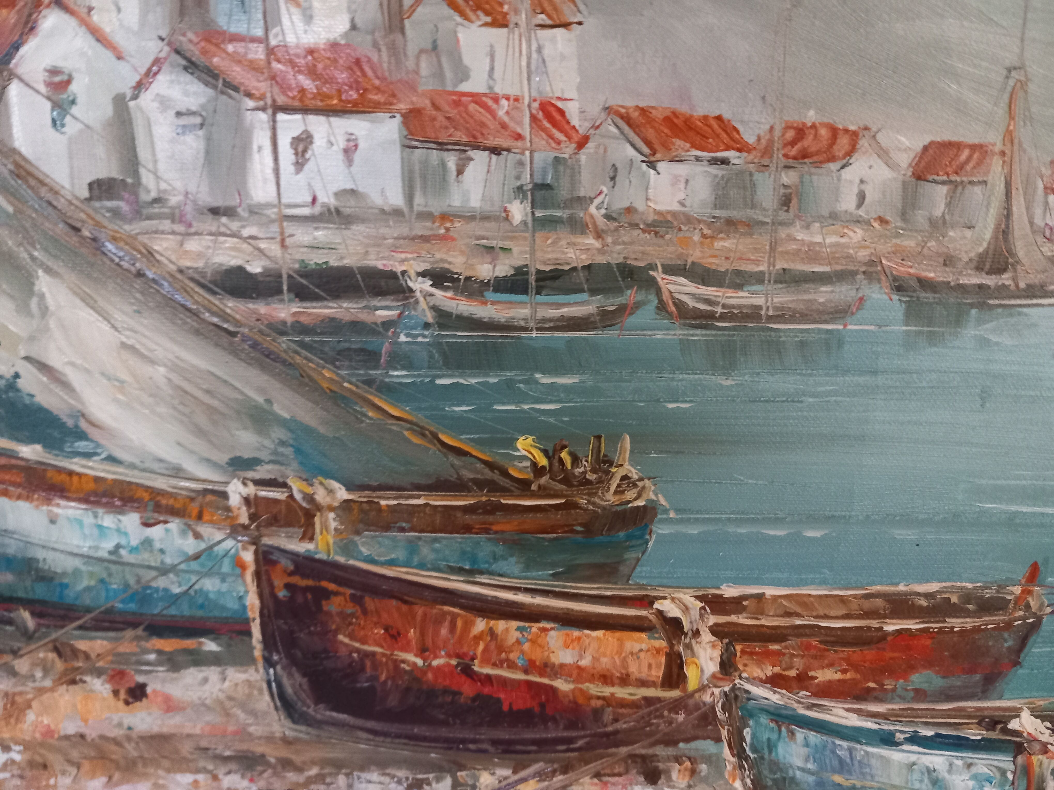 Oil on canvas signed-boats on the beach
