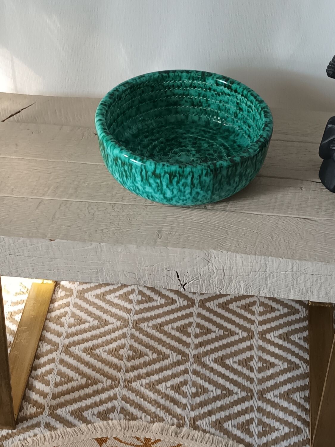 Chevron-patterned solid oak coffee table handmade.