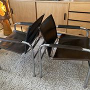 Pair of Klinte armchairs, Tord Bjorklund style, in brown leather, 1980