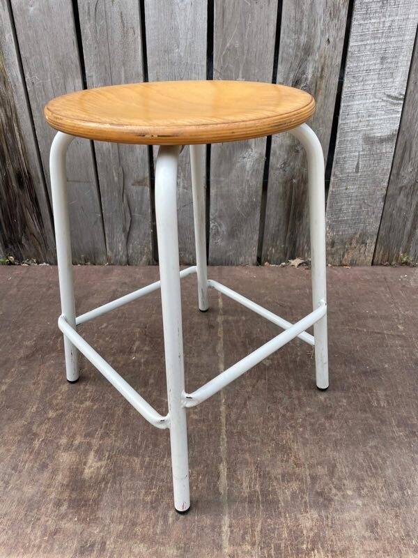 Vintage industrial stackable stool in wood and metal