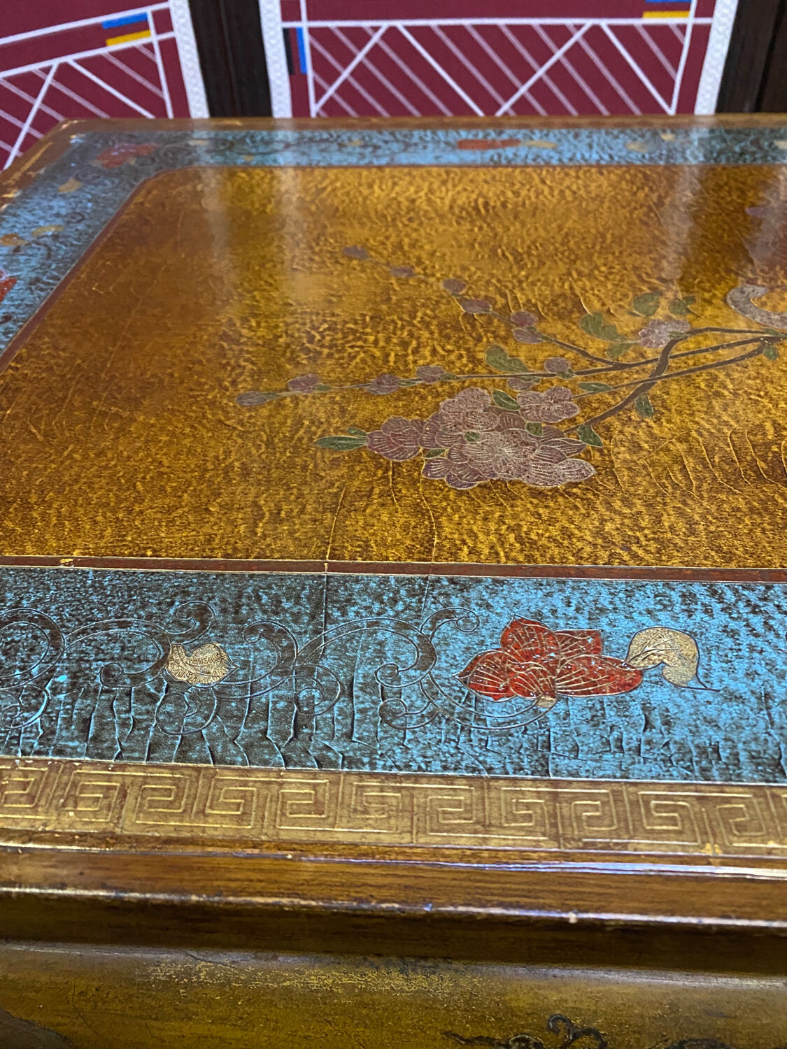 Chinese, Asian wooden coffee table nature peacock scene