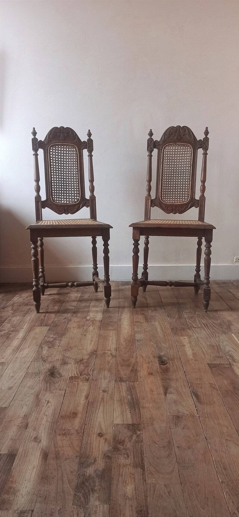 Duo of wooden and cane chairs / vintage cane chairs