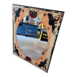 Art Deco style glass mirror, decorated on the reverse, with nude women, signed