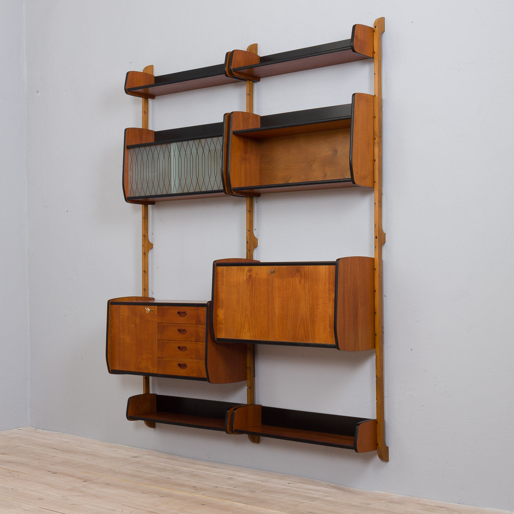 Two bay Teak Ergo Modular Wall Unit with 4 Shelves & 4 Cabinets by John Texmon for Blindheim Møbelfa