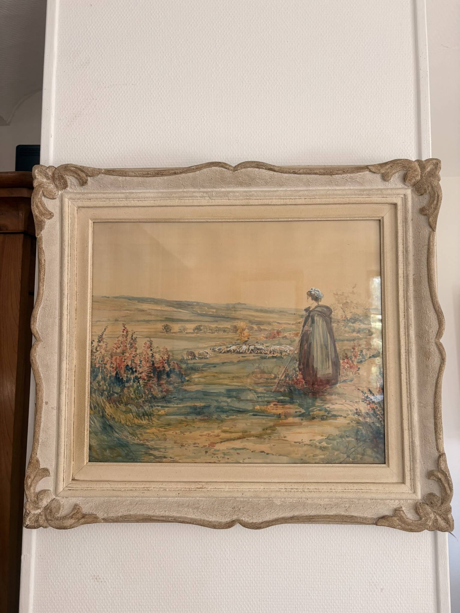 Old Watercolour Painting Shepherdess with Sheep Landscape Henry Charles
