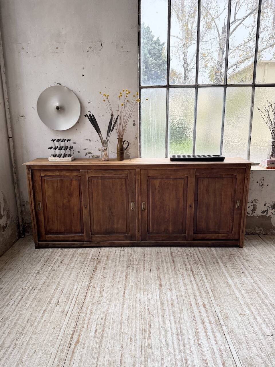 XL oak workshop sideboard with sliding doors from 1900