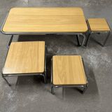 Set of 4 70s nesting coffee tables in metal and solid oak