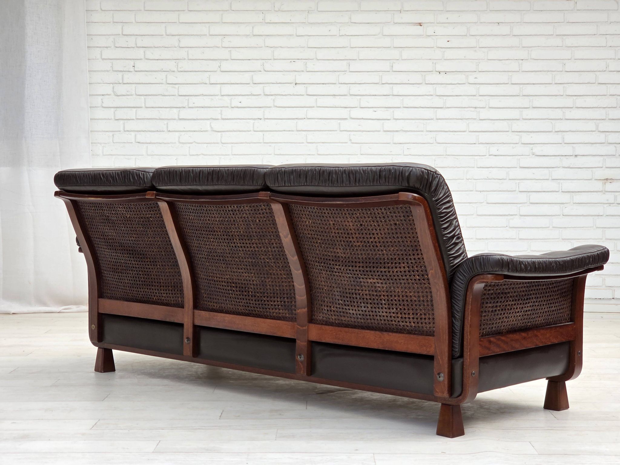 1970s, Scandinavian 3-seater sofa, furniture leather, teak wood legs.