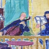 Peinture à l’huile figurative suédoise moderne du milieu du siècle « The Ensemble », encadrée