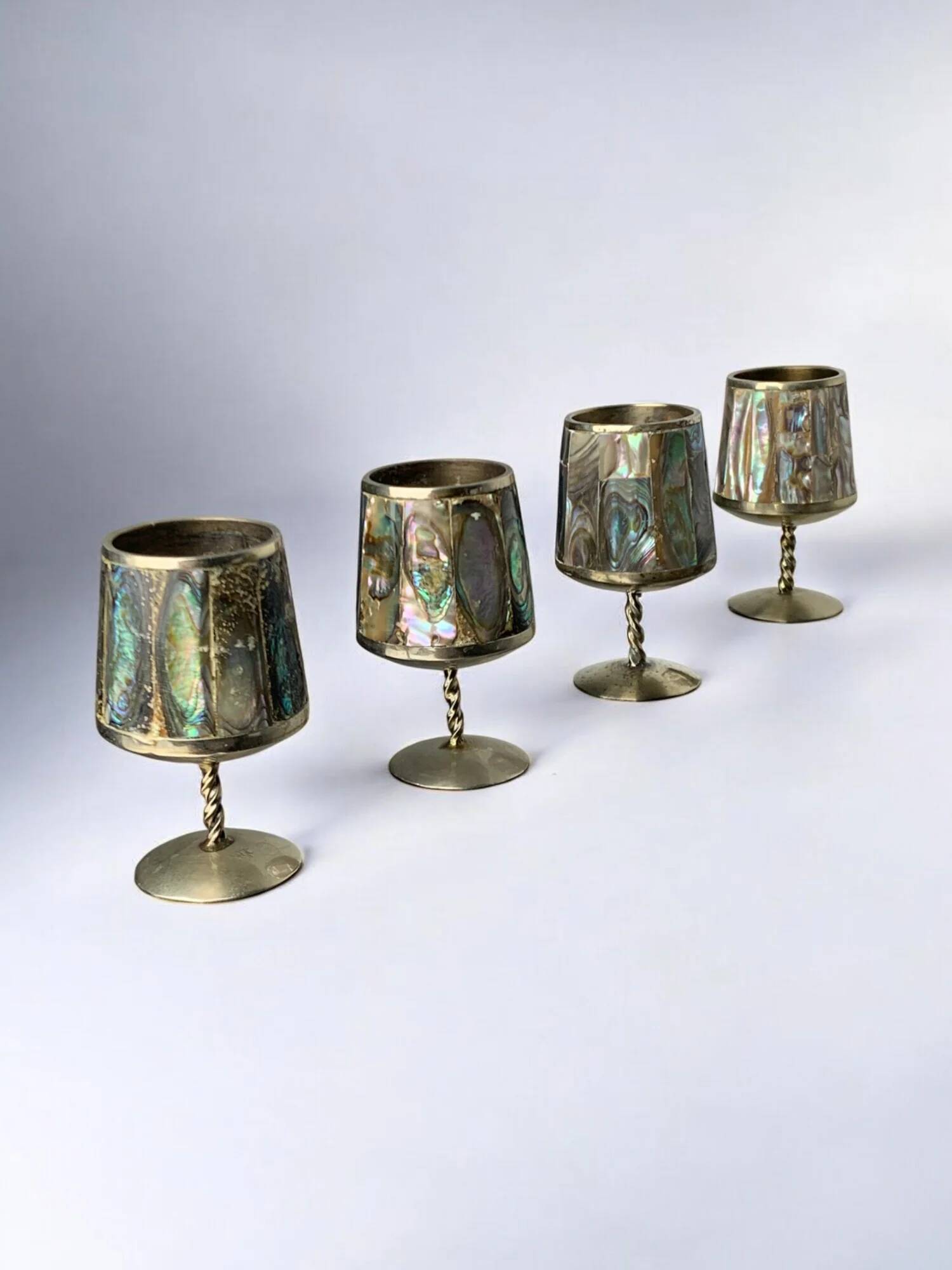 Abalone shell & alpaca shot glasses, set of 4, Mexico, 1970s
