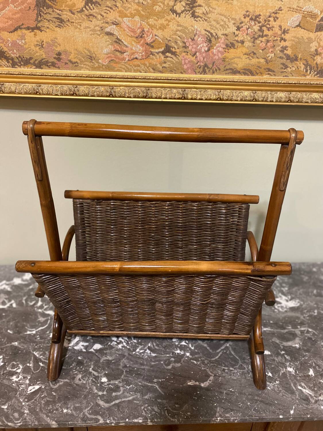 Wicker and brown wood magazine rack