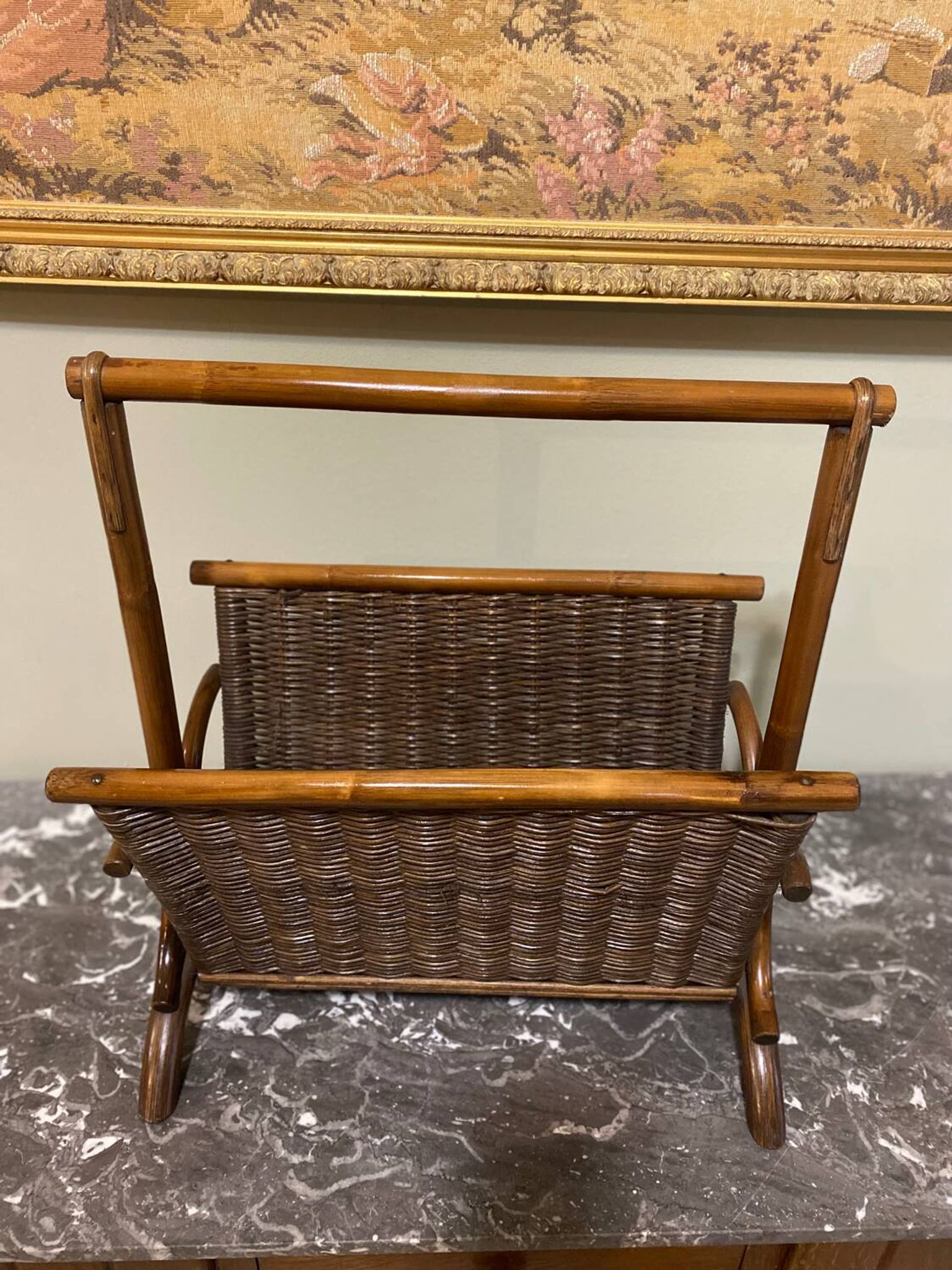 Wicker and brown wood magazine rack