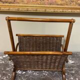 Wicker and brown wood magazine rack