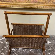 Wicker and brown wood magazine rack