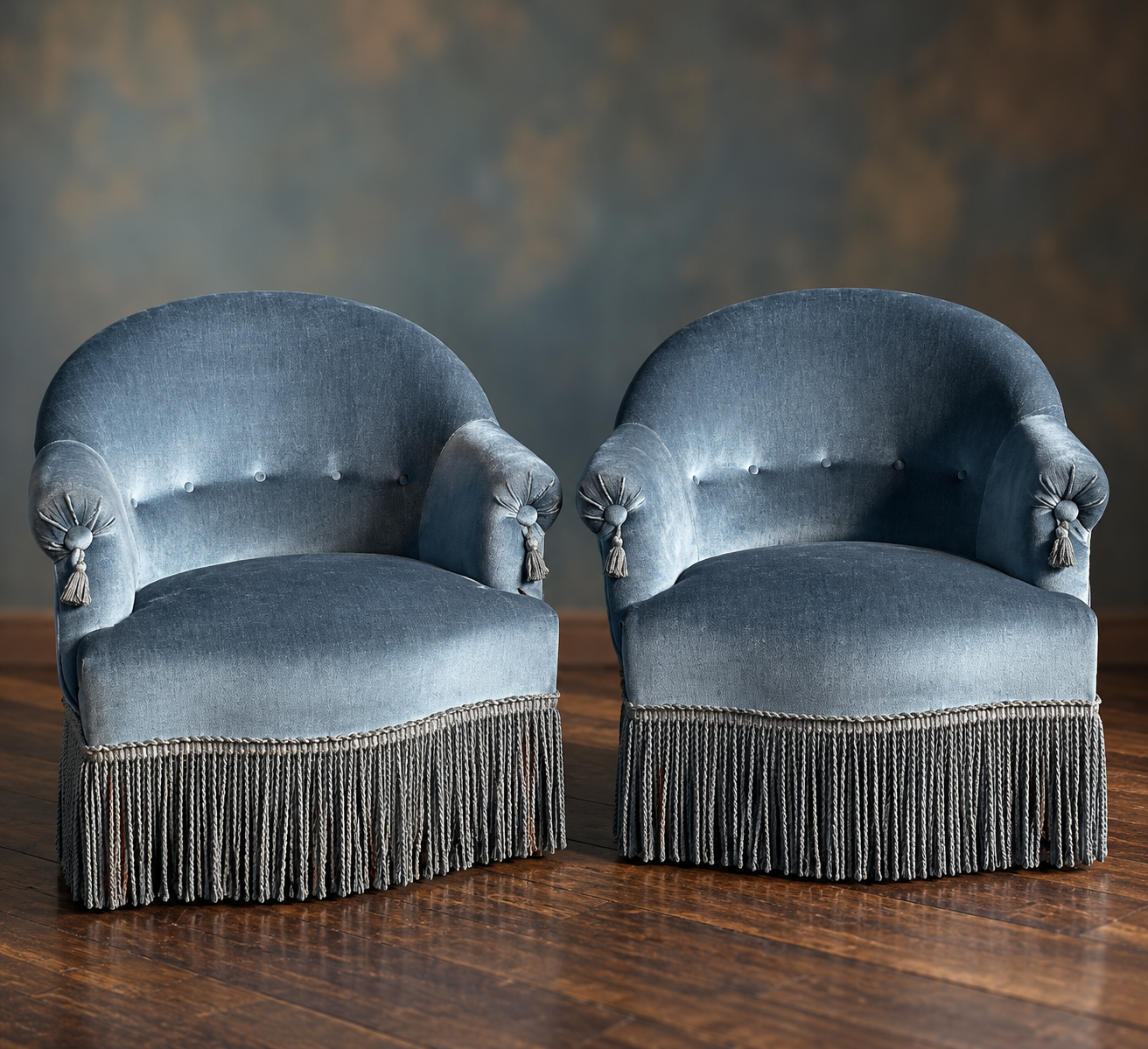 Pair of vintage blue velvet tub chairs